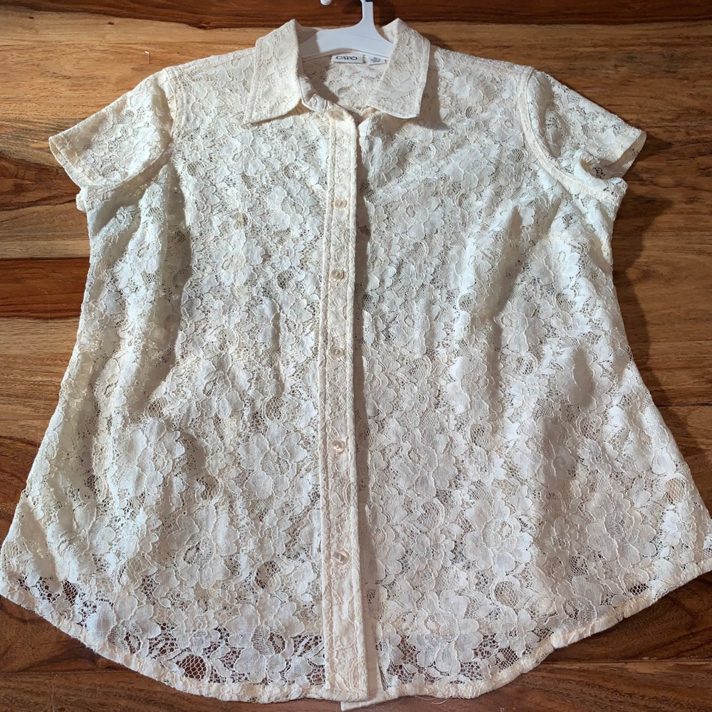 Boho Lace Floral Button Up Ivory Short Sleeve Collared Blouse Top Women's XL - Picture 4 of 8
